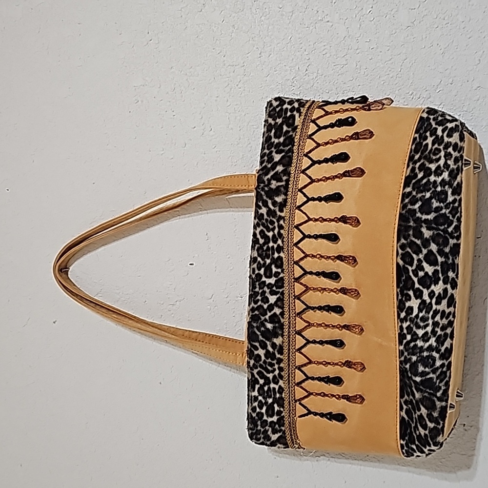 Tan and leopard beaded shoulder bag